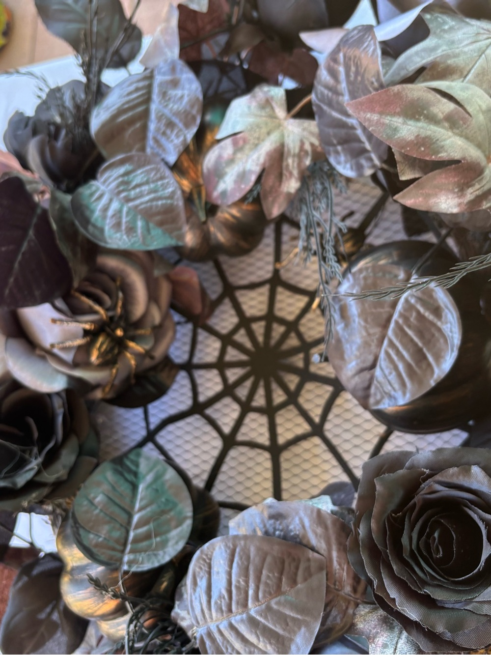 Metallic Mauve Floral Halloween Wreath with Web Accent